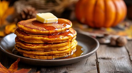 Delicious autumn pumpkin pancakes stack with maple syrup and butter fall food meal warm cozy sweet