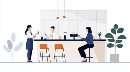 Obraz premium Modern café scene with a woman serving drinks and two customers enjoying their time.