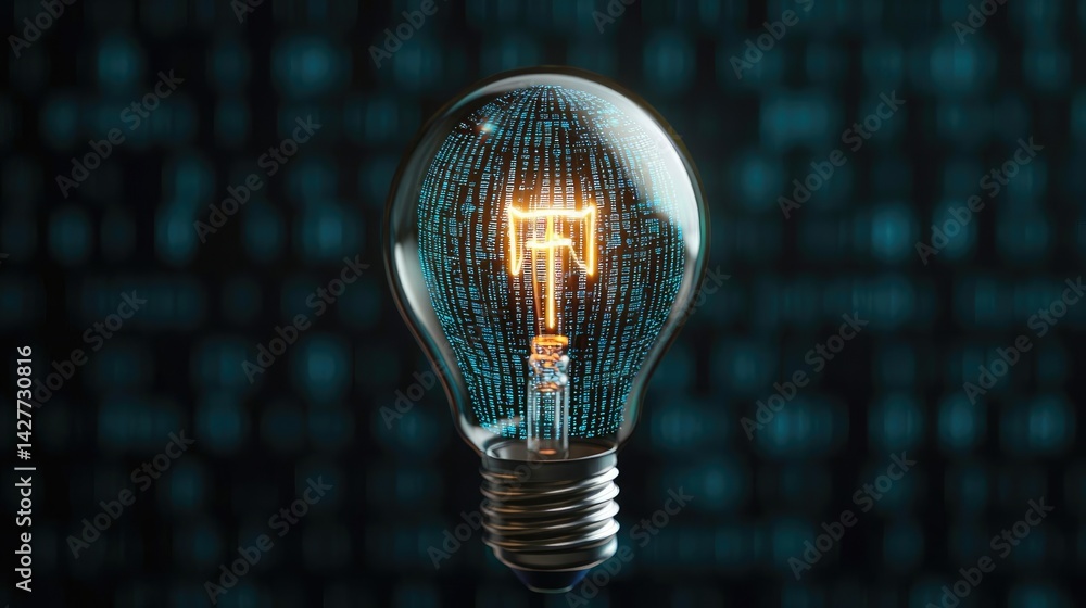 Poster Hands of robot and human touching with data science progress concept. Illuminated light bulb with digital background symbolizing innovation.