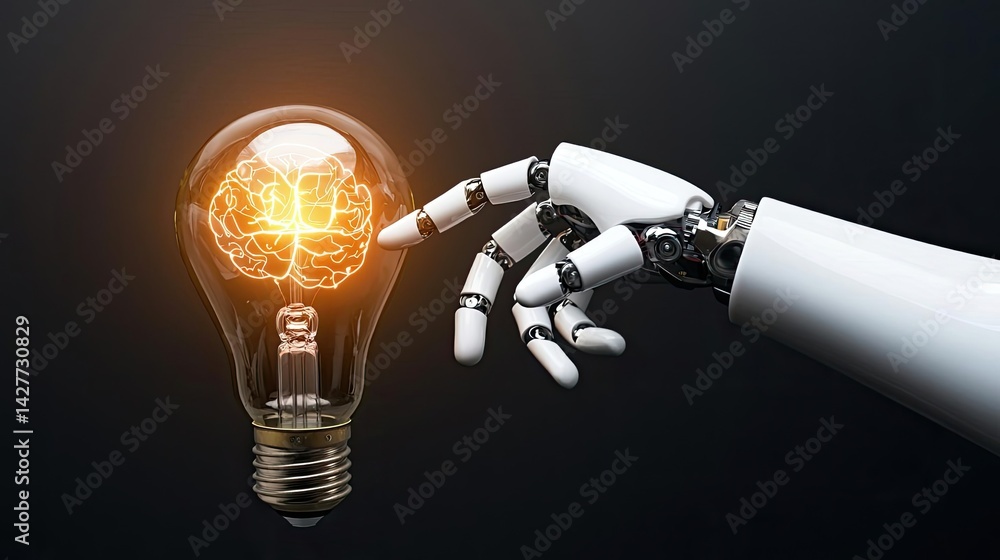 Poster Hands of robot and human touching with futuristic cyber connection concept. Robot hand reaching for a glowing light bulb idea concept.