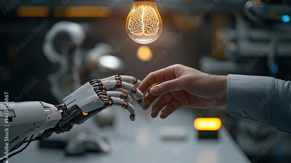 Poster hands of robot and human touching in ai future collaboration concept. a robot hand reaches towards a