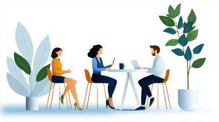Fototapeta premium Three professionals engaged in a collaborative meeting surrounded by greenery.