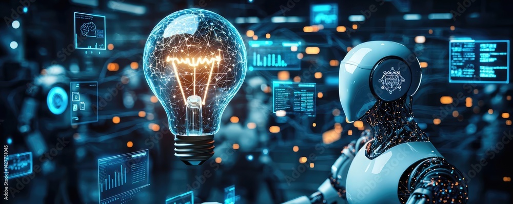 Aufkleber Hands of robot and human touching in AI future collaboration concept. A futuristic robot holding a glowing lightbulb representing innovation.