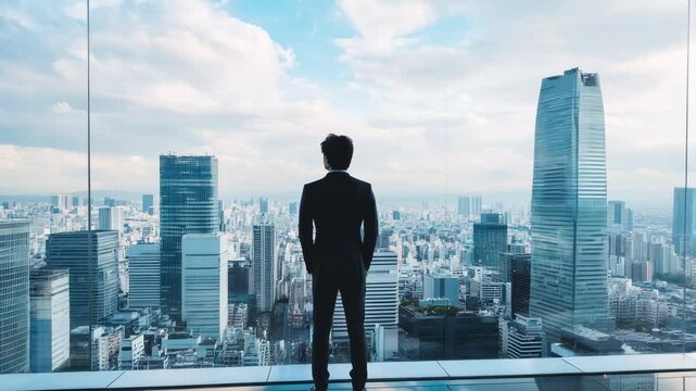 高層階から東京のビル群をみおろす男性会社員の後ろ姿（転職・就職・新卒・外資系企業）	
