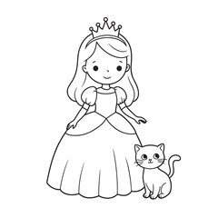 Little Princess with a Cute Kitten Coloring Book Illustration for Kids Activities and Learning