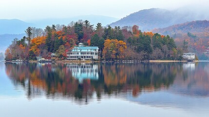 Obraz premium Tranquil island resort reflected in a calm lake, autumn colors.
