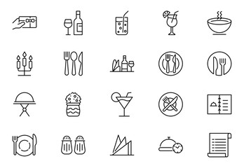 Restaurant outline icon set, cafe, bistro. Linear icon collection. Editable stroke. Vector illustration.