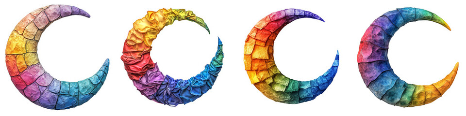 Colorful textured crescent moon designs with vibrant palette on transparent background