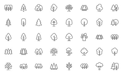 Tree and Forest Line Icon Bundle. Modern Collection for Design, Web Sites, Apps, Cards. Contains Linear Images of Deciduous and Coniferous Trees. Editable stroke. Vector illustration.