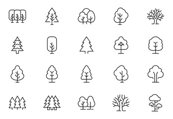 Tree and Forest Line Icon Bundle. Modern Collection for Design, Web Sites, Apps, Cards. Contains Linear Images of Deciduous and Coniferous Trees. Editable stroke. Vector illustration.