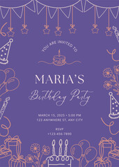 Fototapeta premium Line art Birthday party invitation template vector illustration. Birthday girl invitation card design.