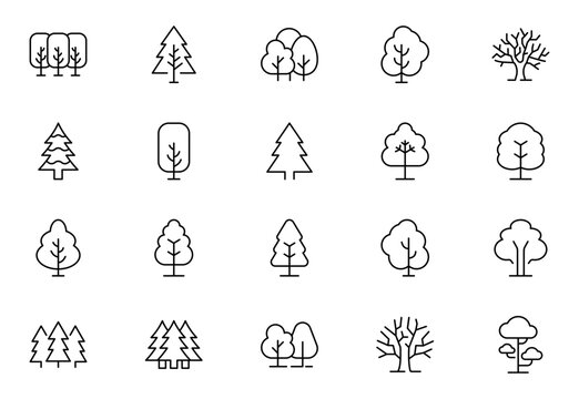 Tree and Forest Line Icon Bundle. Modern Collection for Design, Web Sites, Apps, Cards. Contains Linear Images of Deciduous and Coniferous Trees. Editable stroke. Vector illustration.
