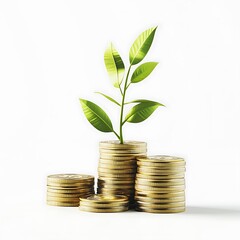 Growth and prosperity symbolized by a plant sprouting from stacks of gold coins