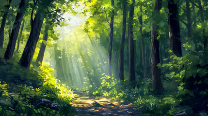 Fototapeta premium Sunlight Peeking Through Green Forest Canopy