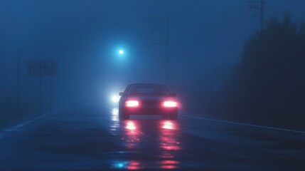Misty night road, car headlights