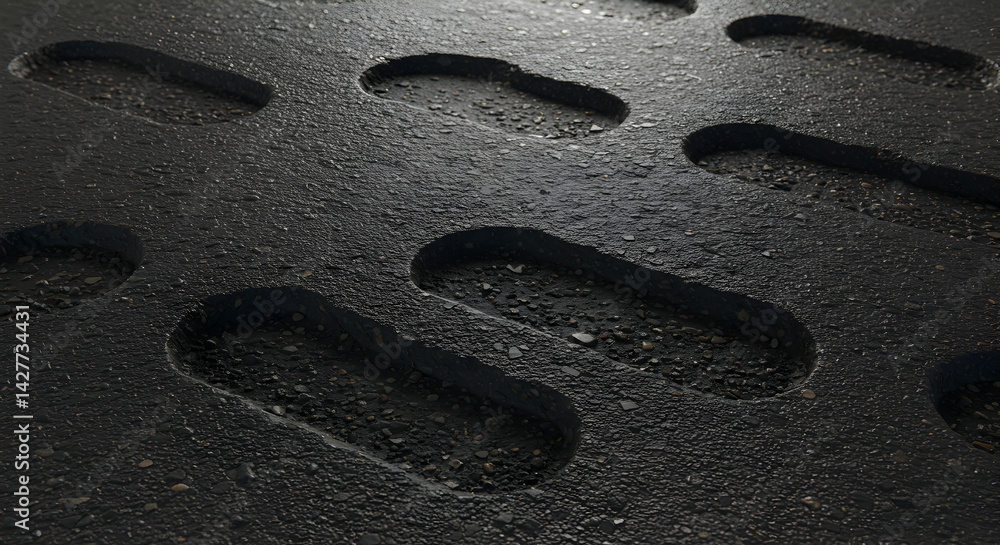 Poster dark grungy asphalt surface with recessed pattern detailed macro view