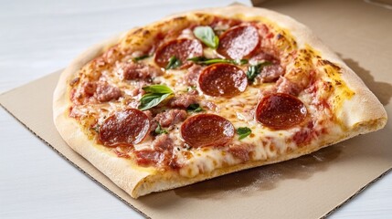 Delicious pizza slice on cardboard box.  A mouthwatering portion of pizza with melted cheese, pepperoni, and basil