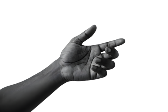 Expressive Hand Gesture: A detailed black and white image highlighting a human hand, its fingers extended in a pointing gesture, is against a clean backdrop, conveying a sense of direction.