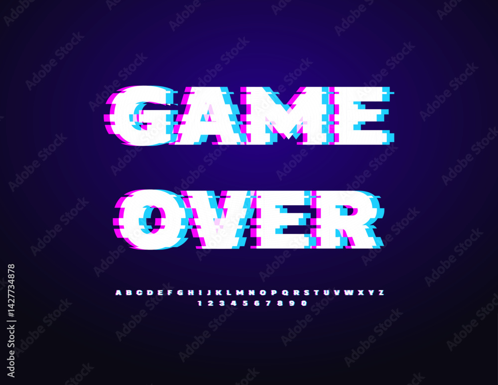 Poster vector digital sign game over. broken uppercase font. glitched pixels alphabet letters and numbers.
