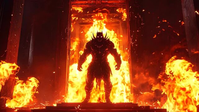 A man stands in front of a burning door. The fire is so intense that it is almost as if the man is standing in the flames. The scene is dark and ominous