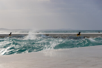 Strong Waves from the Jugo Wind Crash on the Promenade in Zadar, Croatia