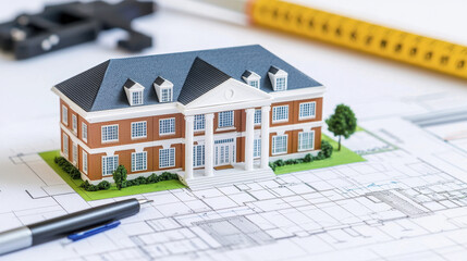 detailed architectural model of colonial style building sits on blueprints, showcasing design elements and precision