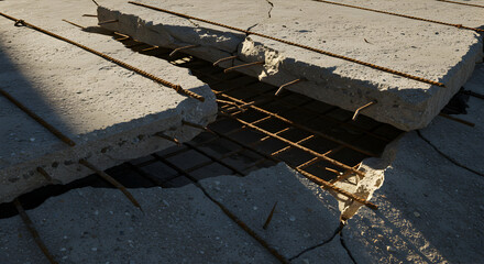 Fragmented Concrete Slab With Exposed Steel Reinforcement And Cracks