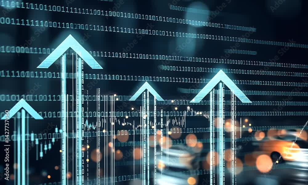 Poster a stock market chart with two large stacks of coins in the foreground, representing rising and falli