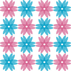 Red and blue pattern with flower two tone star flower asterisk pattern on white background as seamless repeat style replete image design for fabric printing, checkerboard