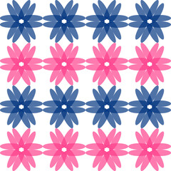 Red and blue pattern with flower two tone star flower asterisk pattern on white background as horizontal row seamless repeat style replete image design for fabric printing, checkerboard