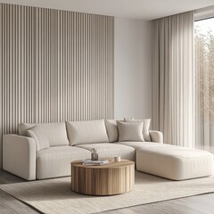 Modern beige sectional sofa and coffee table in a minimalist living room