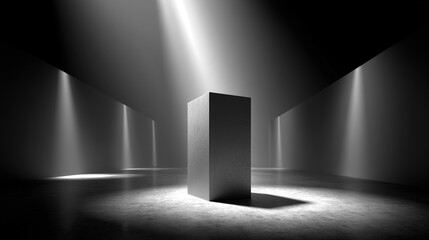 Fototapeta premium Modern Concrete Architectural Interior Design style with two metal podiums in dramatic lighting 