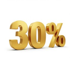 A shiny golden thirty percent symbol on a white background representing a discount or sale offer