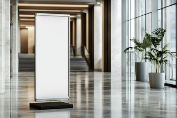 Blank Roll Up Banner in Modern Lobby, Mockup, Advertising, Signage, Interior Design, Advertisement Roll Up Banner, Mockup