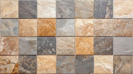 Earthy tiles in checkerboard pattern showcase blend of gray, brown, and beige tones, creating warm and inviting atmosphere