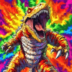 Psychedelic prehistoric monster roars against a vibrant swirl.