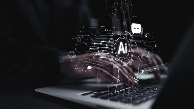 Human interact with AI artificial intelligence brain processor in concept of AI artificial intelligence engineering, big data and AI machine learning to use generative AI for business support. UUID