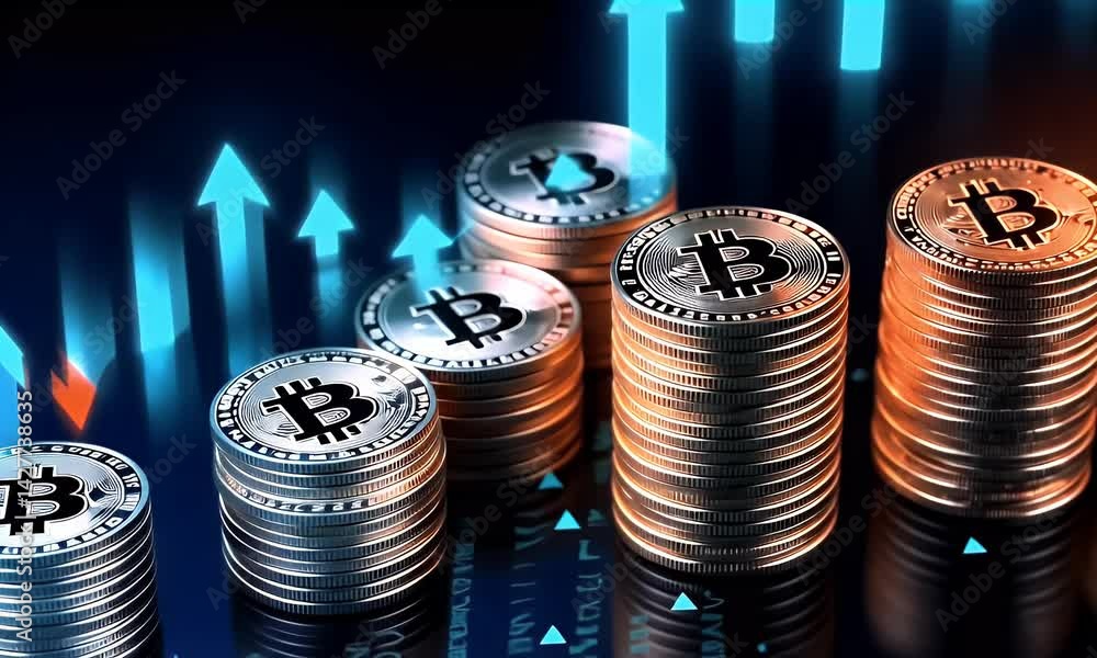 Poster a stock market chart with two large stacks of coins in the foreground, representing rising and falli