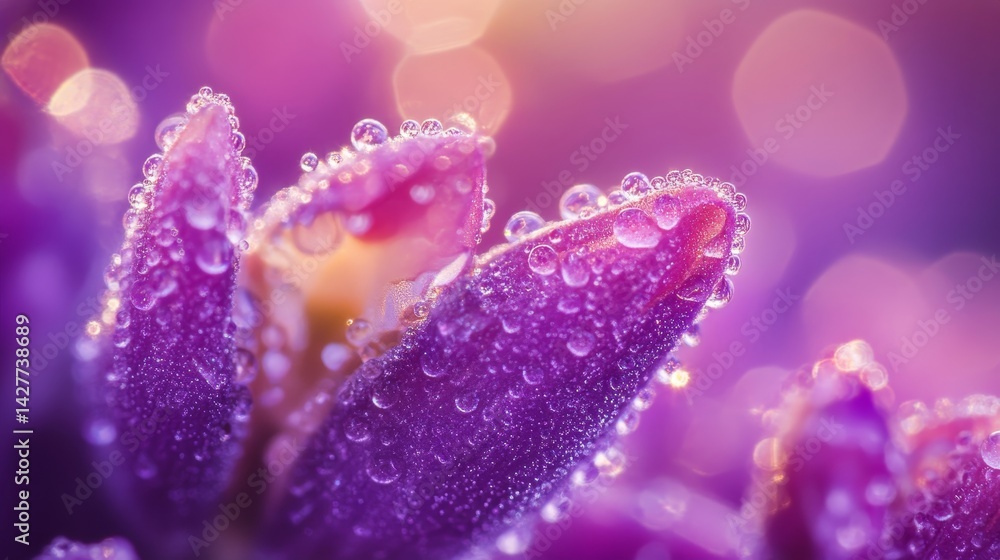 Poster hyper realistic macro photography of lavender flowers with morning dew and soft bokeh background