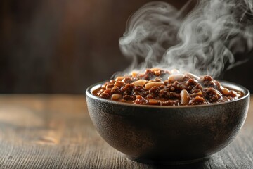 flawless picture of a bowl of chili with a smoke rising from the bowl