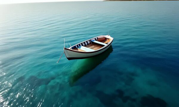 A small, empty wooden rowboat sits calmly on crystal clear, turquoise water under a bright, sunny sky