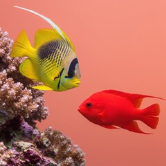Yellow longnose butterflyfish and red fish swimming near coral reef in a coral color background