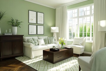 modern living room with kitchen,,  Elegant living room interior with dark wood coffee table, green walls, cream furniture, white sofa with flowers, framed pictures above couch, and cozy sophisticated