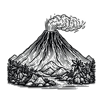 volcanic mountain illustration. black and white volcano hand drawn vector