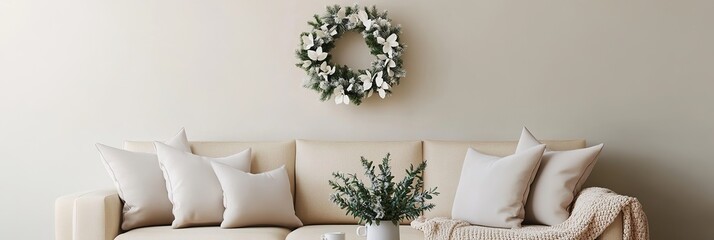 table and chairs, Minimalist living room with beige wall featuring a Christmas wreath on the right, beige sofa in front, photorealistic high-resolution image capturing cozy holiday ambiance
