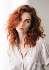 Fototapeta premium Red Short Curly Hair Woman White Shirt Front Beauty Portrait