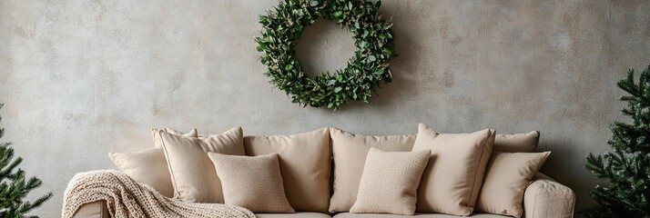 wooden chair on the table, Minimalist living room with beige wall featuring a Christmas wreath on the right, beige sofa in front, photorealistic high-resolution image capturing cozy holiday ambiance