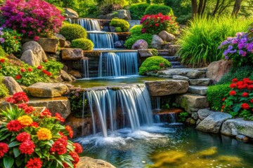 Naklejka premium Colorful Water Feature Rockery Garden Design Ideas | Stunning Backyard Oasis