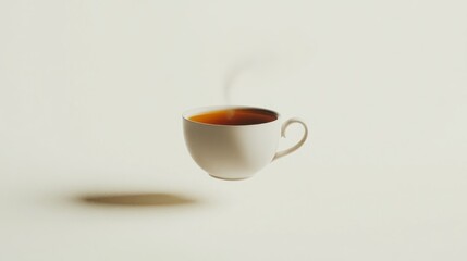 A steaming cup of tea floats in mid-air