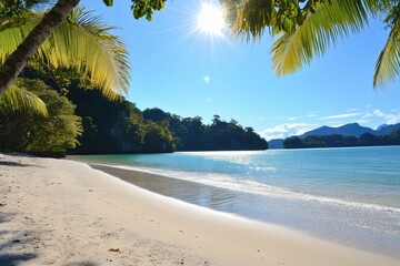 Fototapeta premium high definition image of a picture of a beach with palm trees and the sun in the background